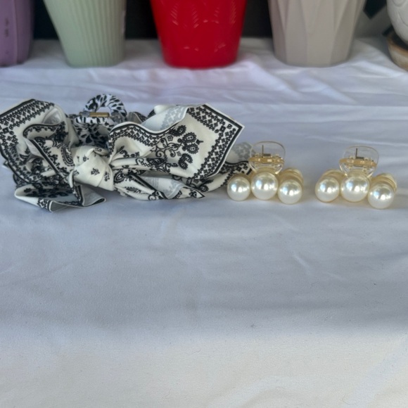 Accessories - Elegant Black and White Hair Scrunchie with Pearl Earrings